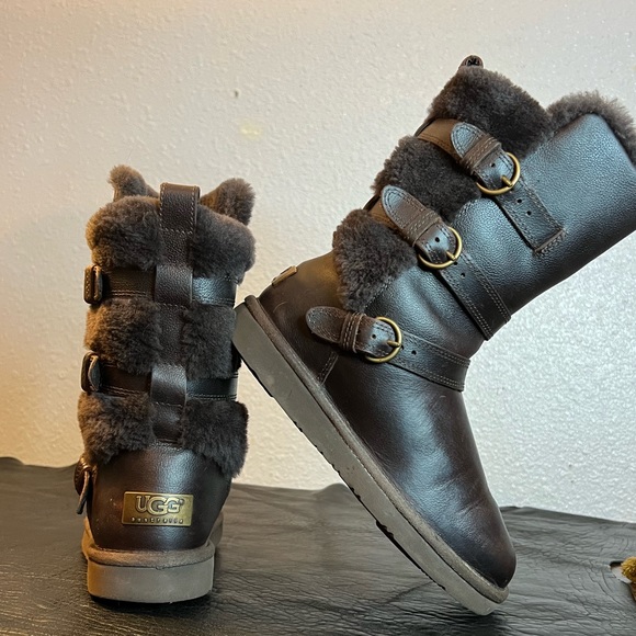 UGG | Women’s Sz 5 Brown Leather UGG Boots | Beckett Shearling Winter Boots New - Picture 8 of 14